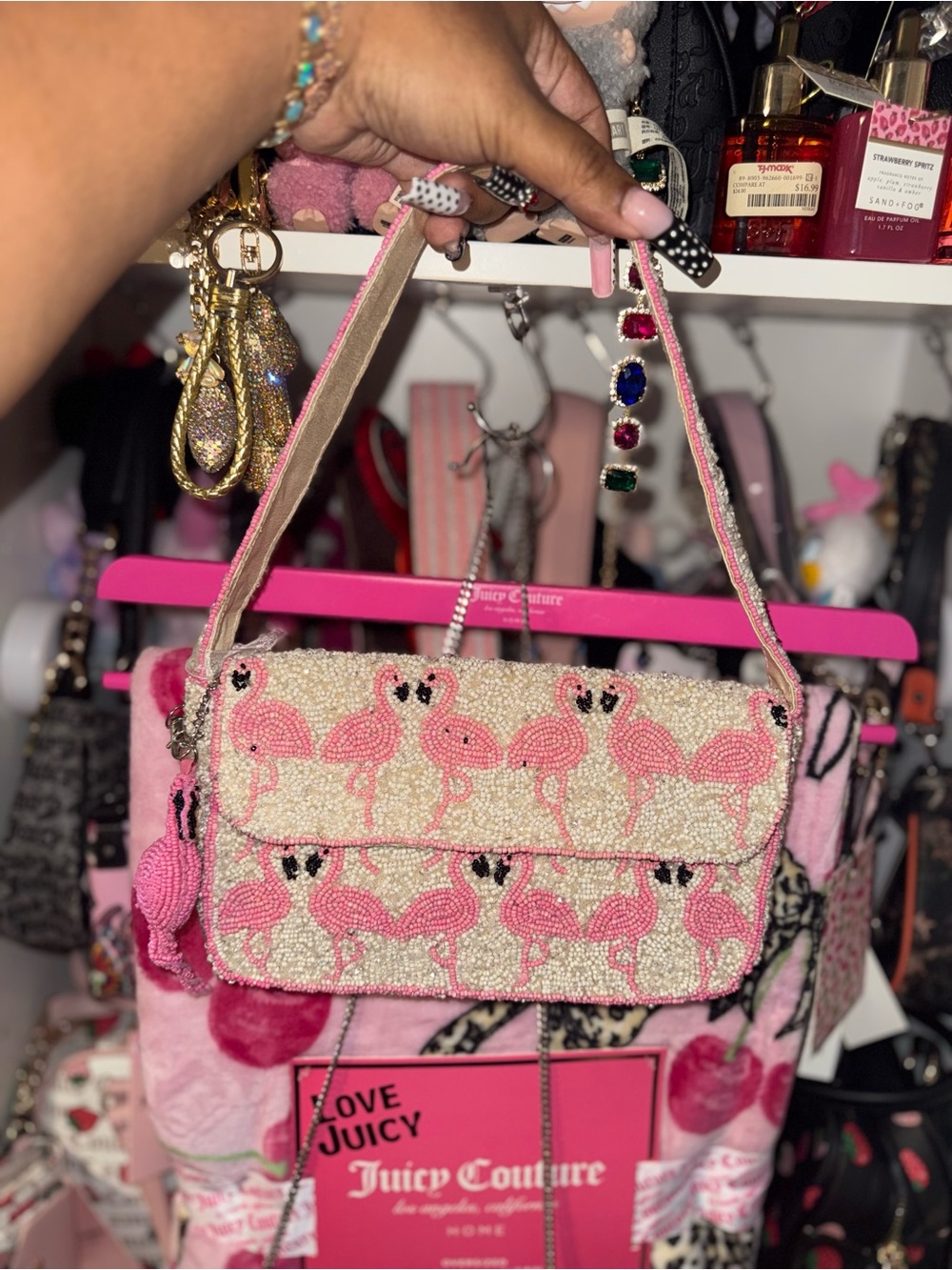 Handcrafted In India Pink Beaded Flamingo Shoulder Bag